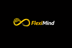 A black background featuring the FlexiMind™ logo: a yellow infinity symbol with a stylised brain integrated into the left loop, positioned to the left of the word “FlexiMind,” where “Flexi” appears in yellow and “Mind” in white.