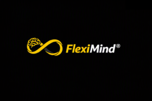 FlexiMind® logo featuring a yellow infinity symbol with a stylised brain in the left loop, positioned beside the word “FlexiMind®” with “Flexi” in yellow and “Mind” in white on a black background.